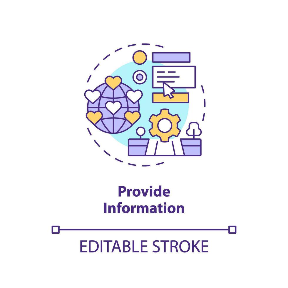 Provide information concept icon. Travel experience. Internet search. Equal access. Safe environment. Quality content abstract idea thin line illustration. Isolated outline drawing. Editable stroke vector