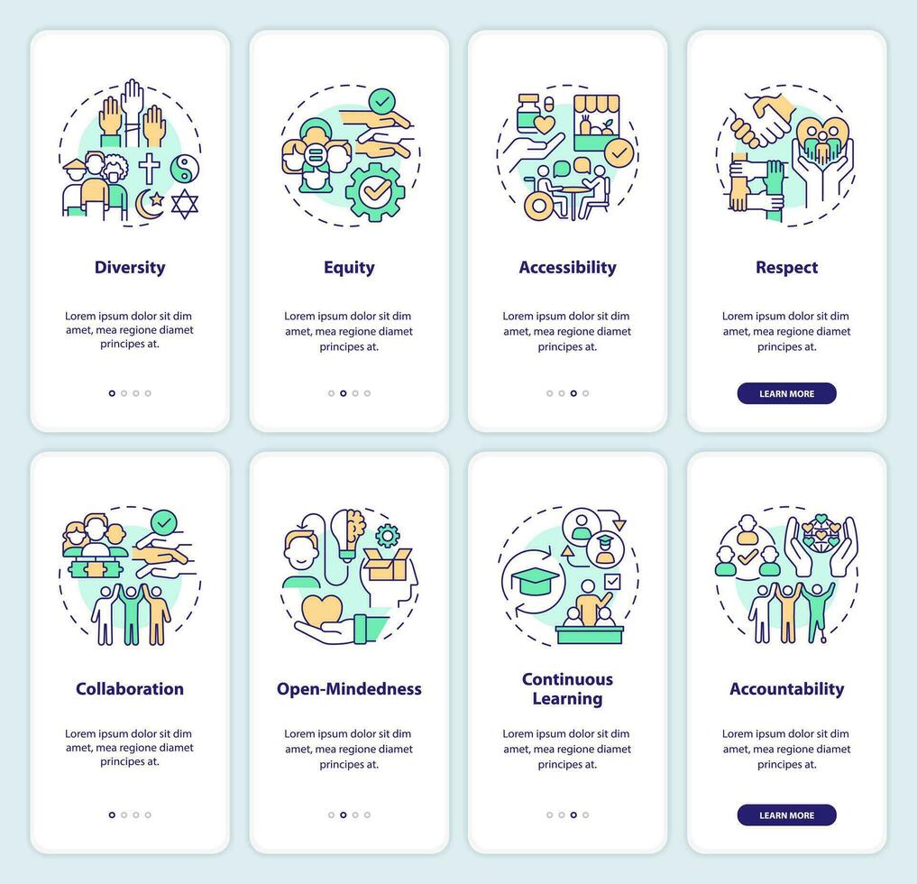 Pillars of inclusion onboarding mobile app screen set. Fair treatment walkthrough 4 steps editable graphic instructions with linear concepts. UI, UX, GUI template vector