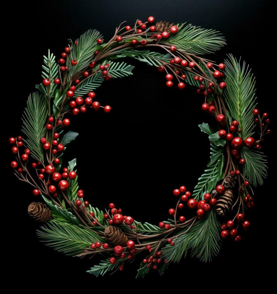 Holiday pine wreath on dark background photo
