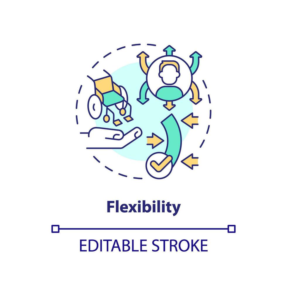 Flexibility concept icon. Equal access. Diverse people. Inclusive workplace. Continuous improvement. Quick change abstract idea thin line illustration. Isolated outline drawing. Editable stroke vector