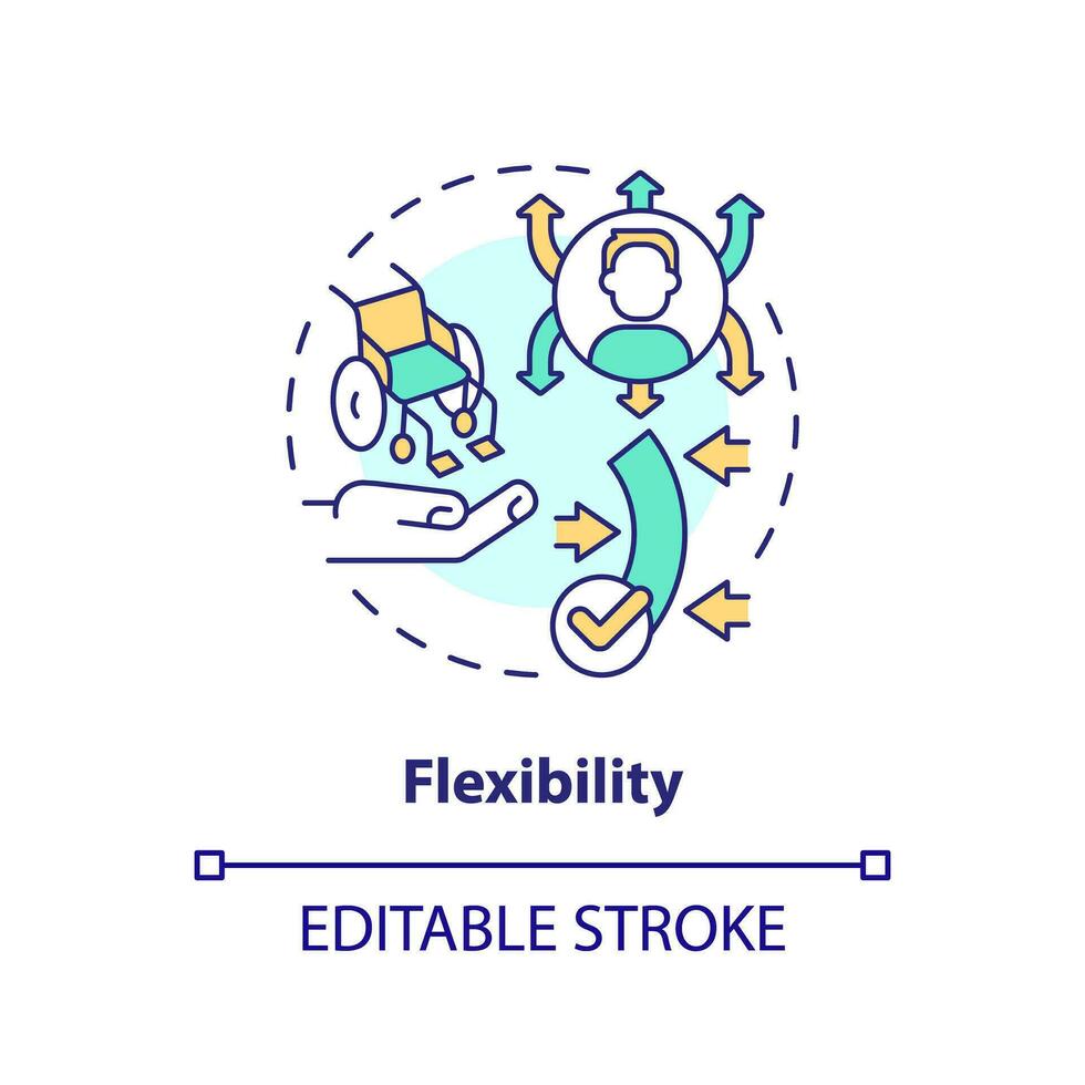 Flexibility concept icon. Equal access. Diverse people. Inclusive workplace. Continuous improvement. Quick change abstract idea thin line illustration. Isolated outline drawing. Editable stroke vector