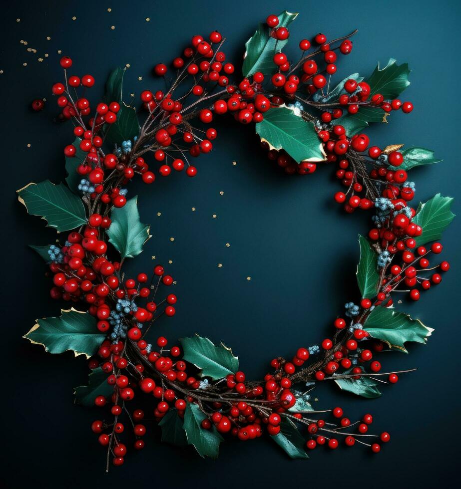 Holiday pine wreath on dark background photo