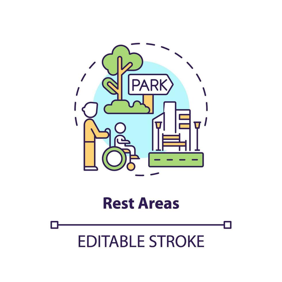 Rest areas concept icon. Wheelchair accessible. People with disabilities. Mobility aids. Outdoor recreation abstract idea thin line illustration. Isolated outline drawing. Editable stroke vector