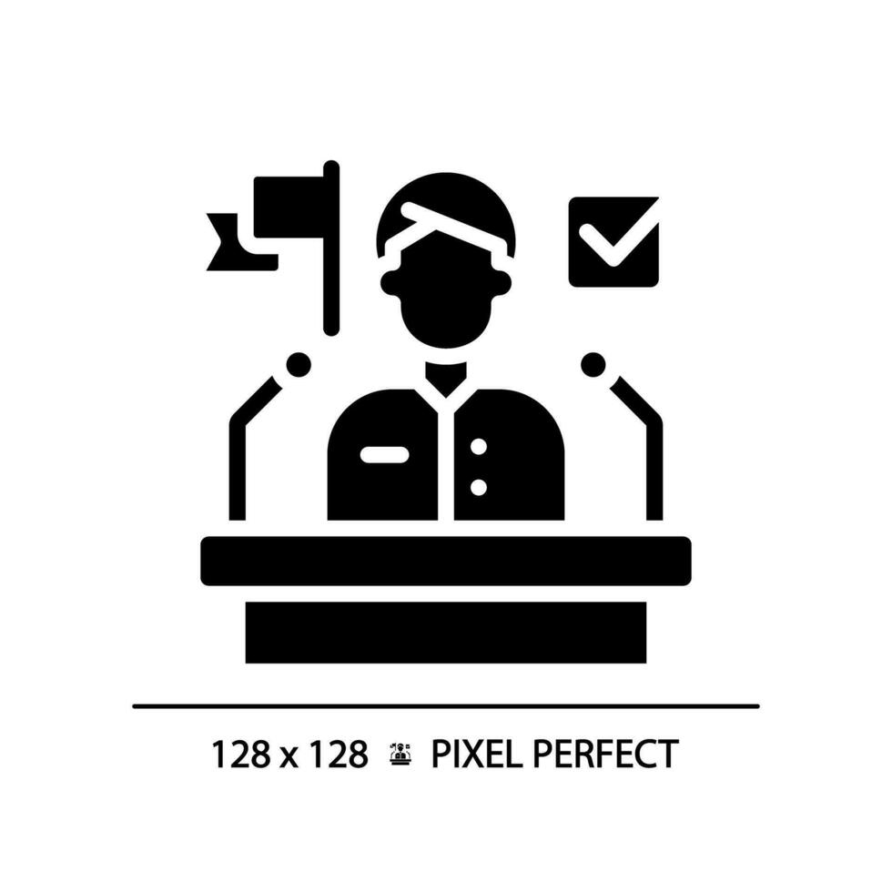 Pixel perfect glyph style icon representing election candidate with banner and checkmark, isolated vector of voting, flat design sign.