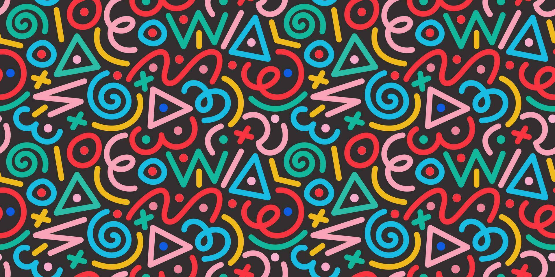 Fun colorful line doodle seamless pattern. Creative minimalist style art background for children or trendy design with basic shapes. Simple party confetti texture, childish scribble shape backdrop. vector