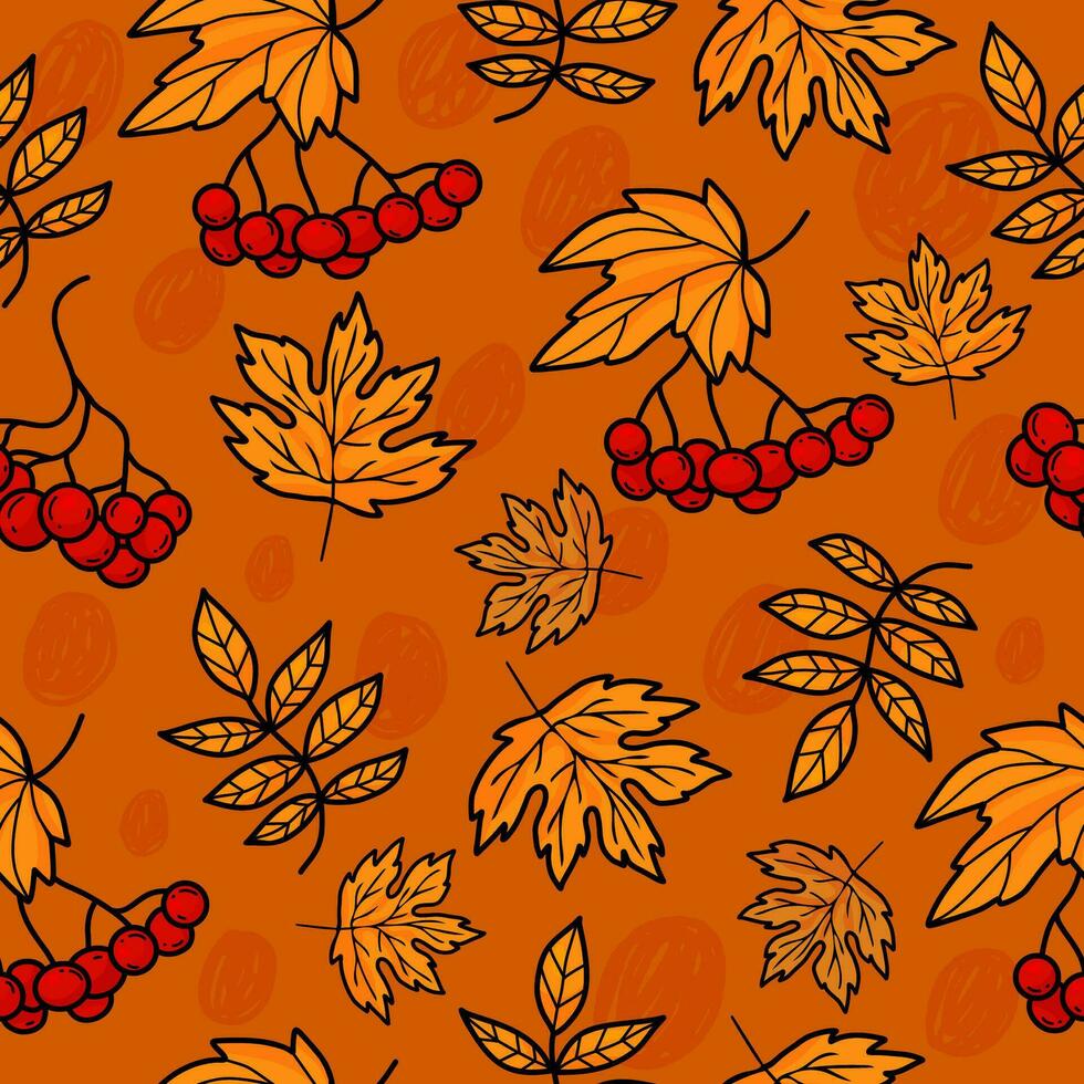 Autumn seamless pattern. Bunches of fall rowan red berry on orange background with yellow leaves. Vector autumnal illustration for design, packaging, wallpaper and textile.