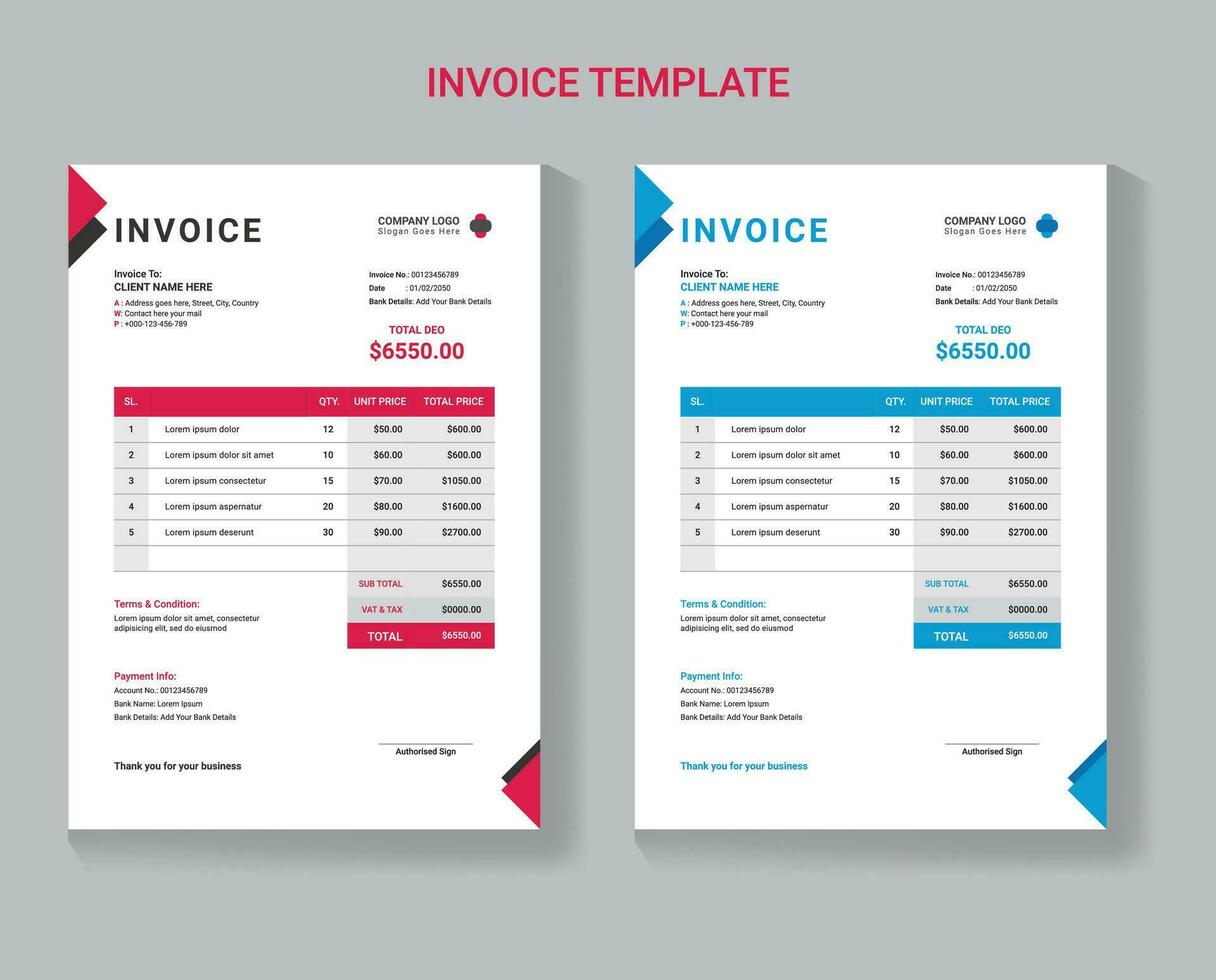 Vector clean invoice template, invoice design, Clean invoice vector template design, Corporate invoice design,