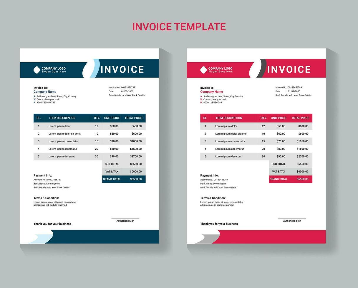 Vector clean invoice template, invoice design, Clean invoice vector template design, Corporate invoice design,