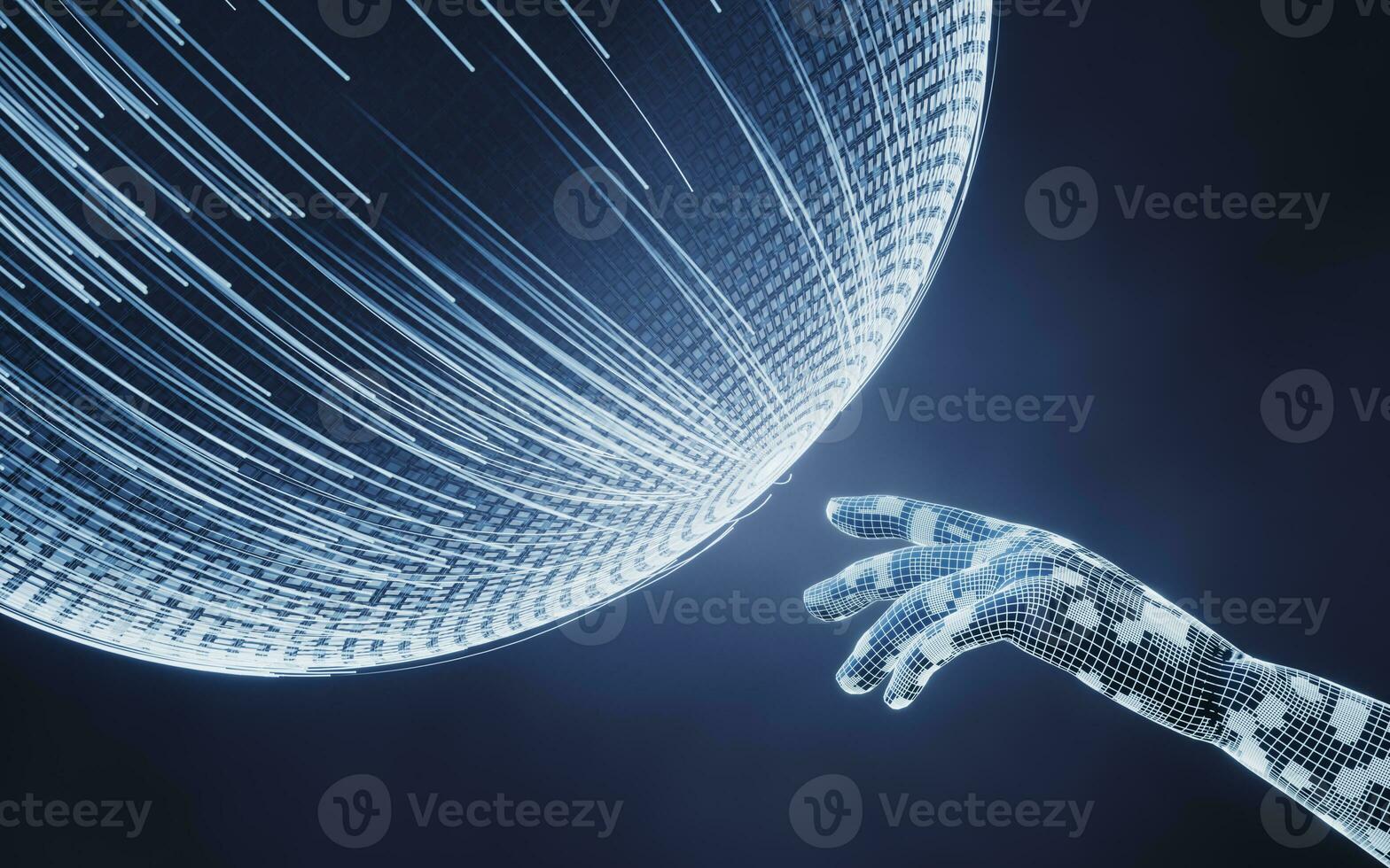 Digital sphere and digital hand with glowing lines structure, 3d rendering. photo