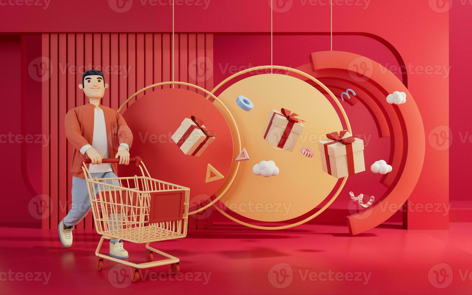 3D charactor pushing the shopping cart, 3d rendering. photo