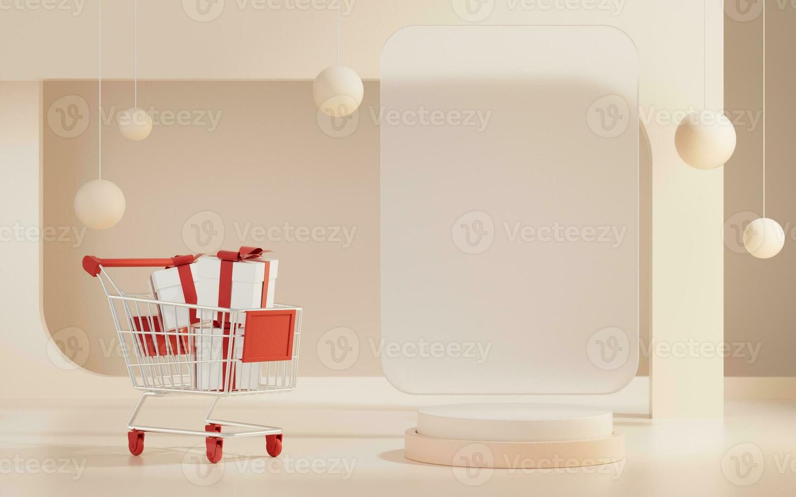 Shopping cart with geometric background, 3d rendering. photo