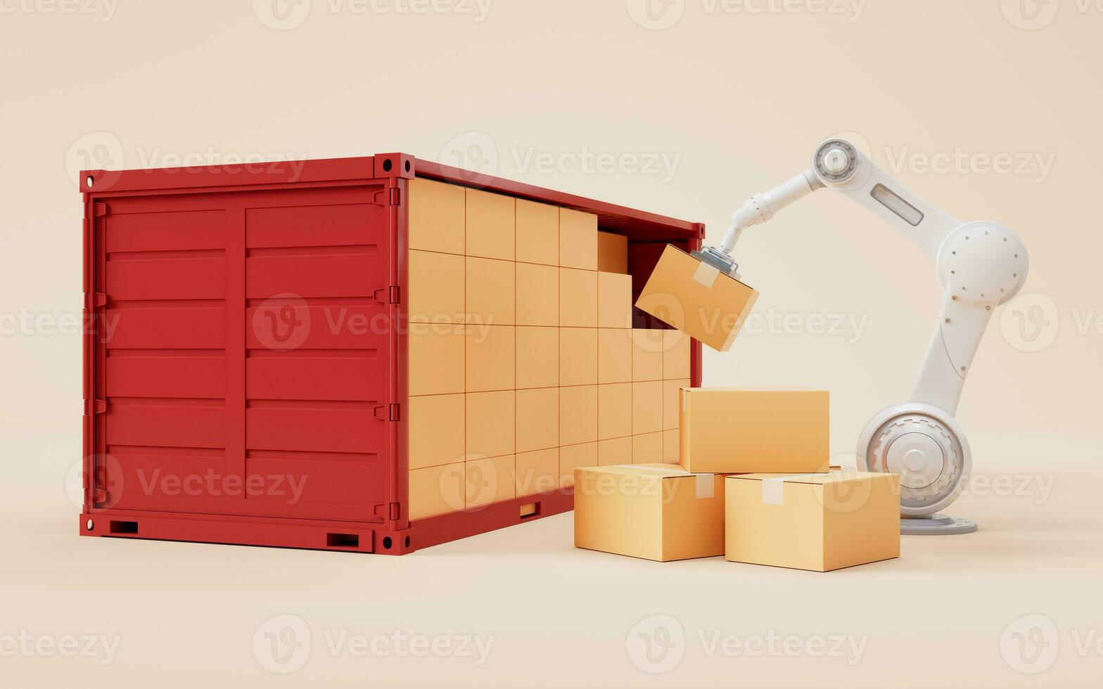 Mechanical arm and cardboard box, 3d rendering. photo