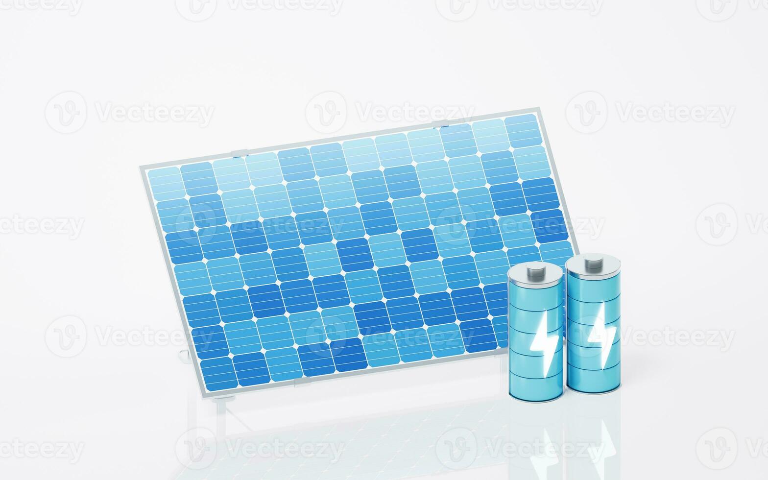 Solar panels and batteries, 3d rendering. photo