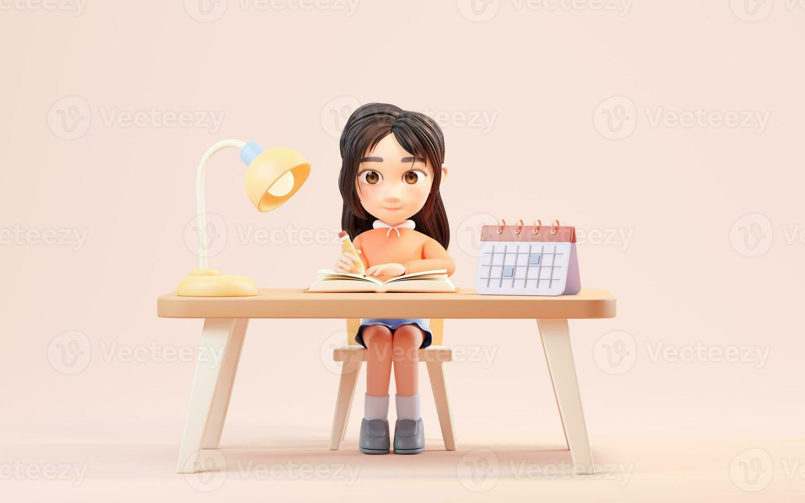 Little girl study hard, learning at desk, 3d rendering. photo