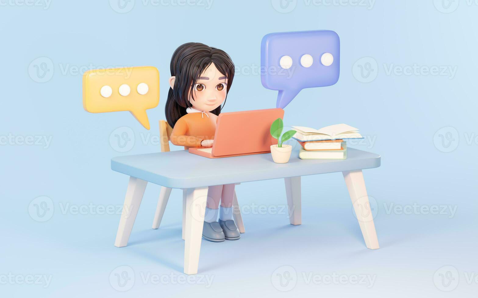 Little girl chats on the computer, 3d rendering. photo