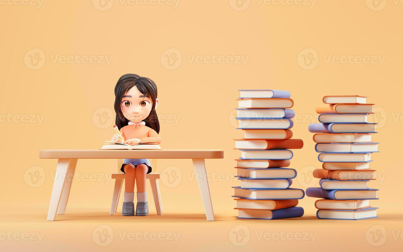 Little girl study hard, learning at desk, 3d rendering. photo