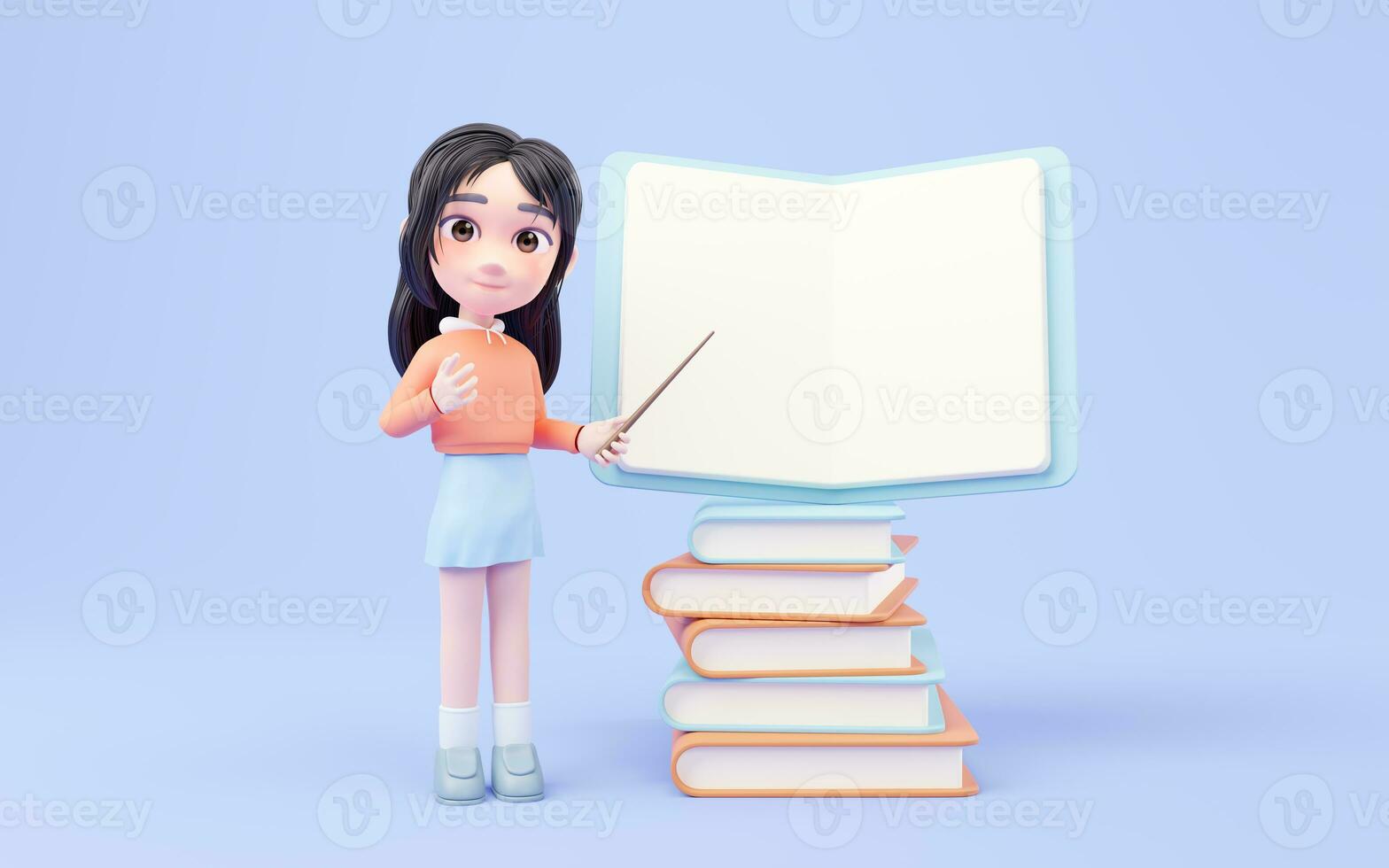 Little girl and stack of books, 3d rendering. photo