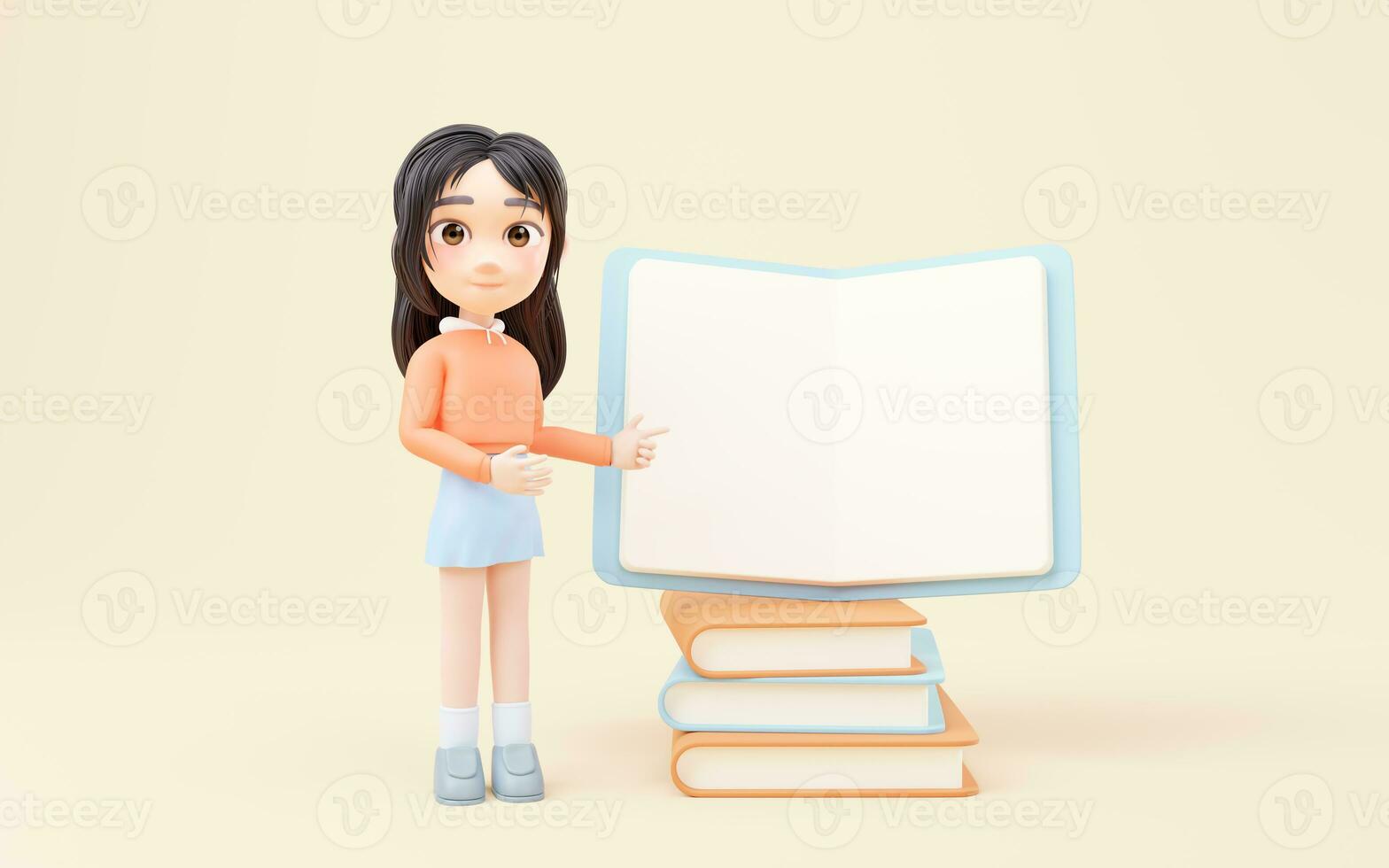 Little girl and stack of books, 3d rendering. photo