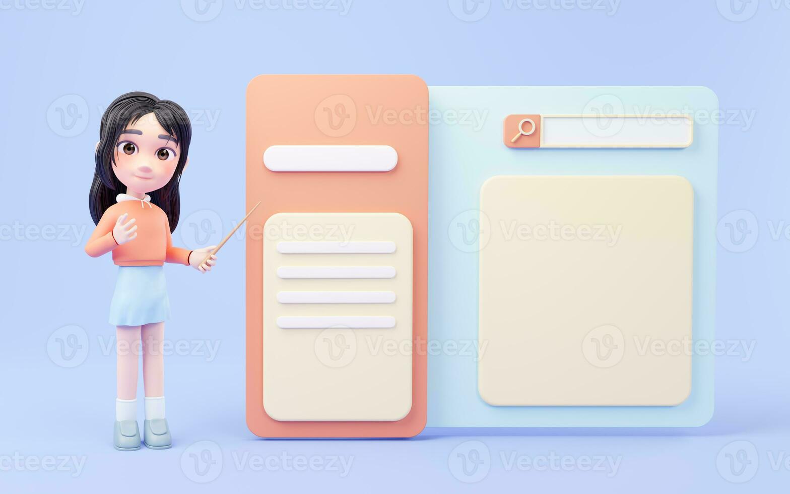 The cartoon girl and the website page, 3d rendering. photo