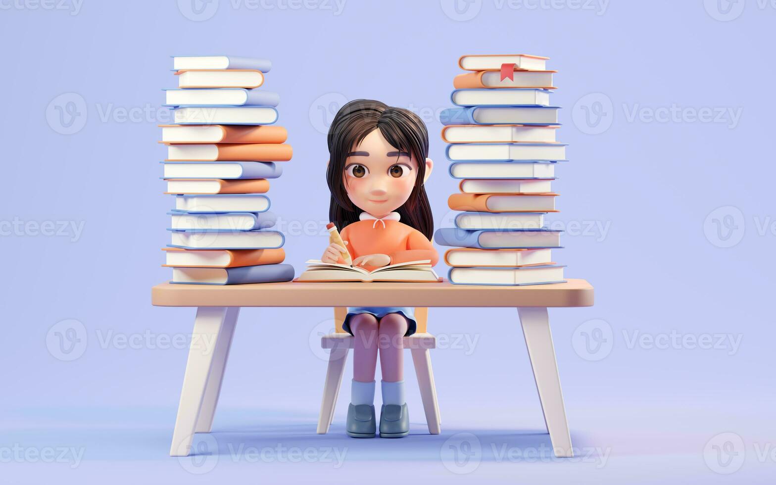 Little girl study hard, learning at desk, 3d rendering. photo