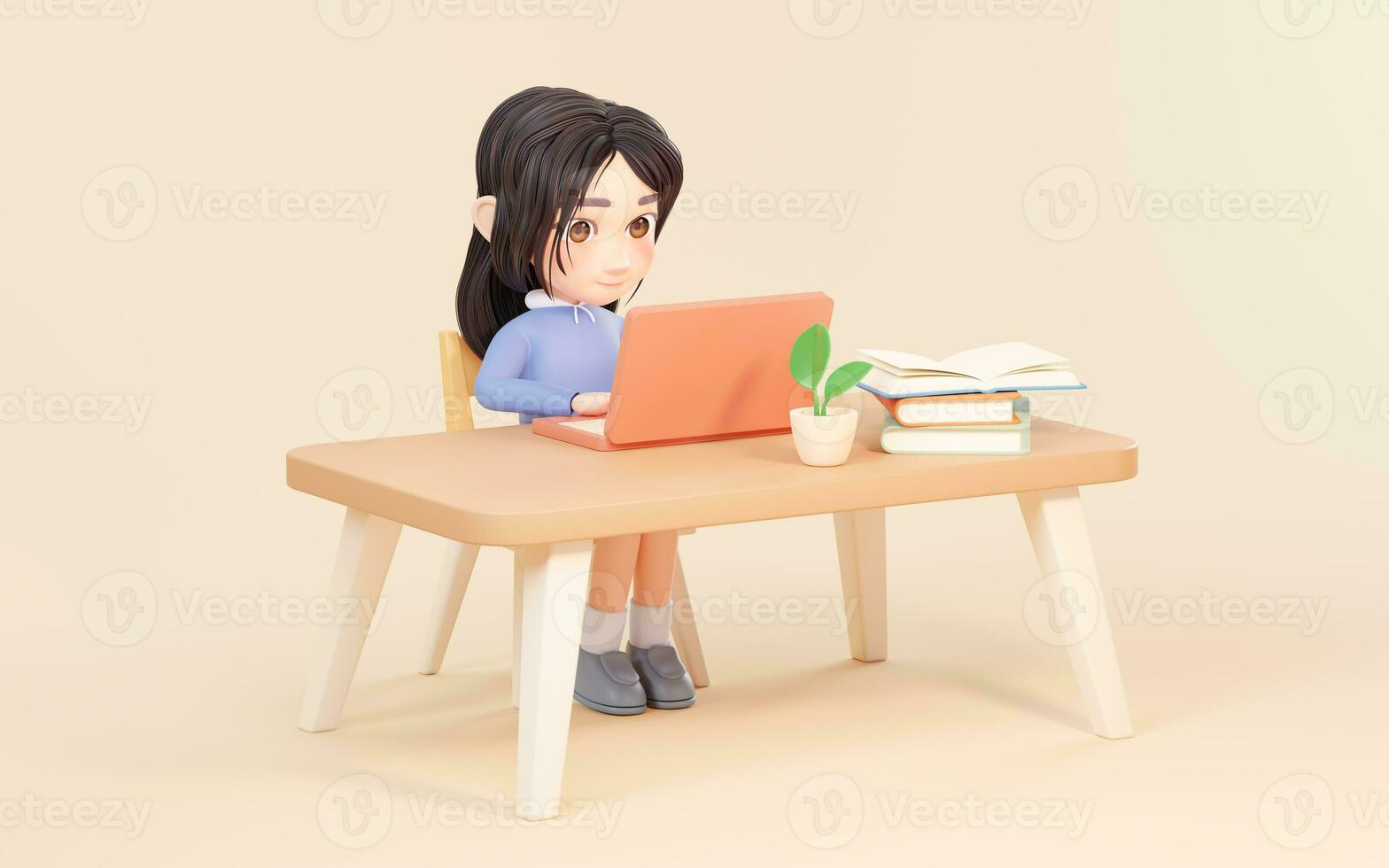 el niña trabajos con computadora a escritorio, 3d representación. foto