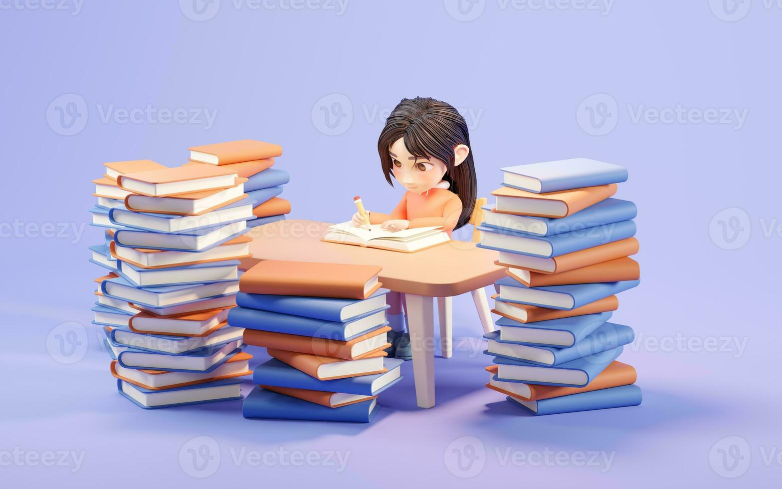Little girl study hard, learning at desk, 3d rendering. photo
