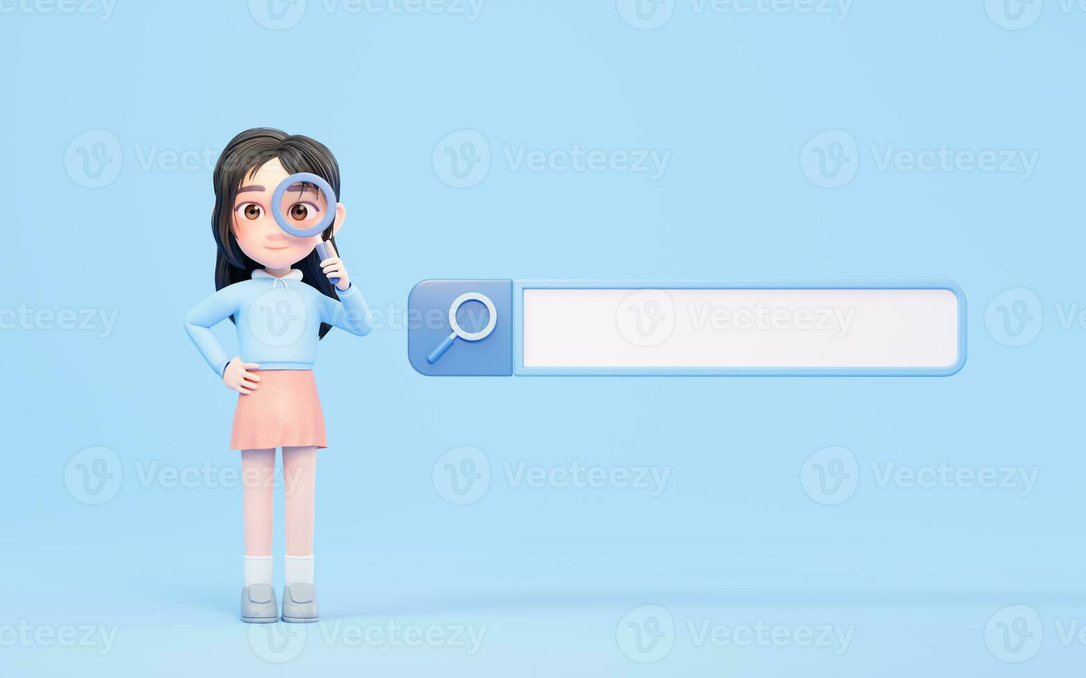 Little girl and search bar with cartoon style, 3d rendering. photo