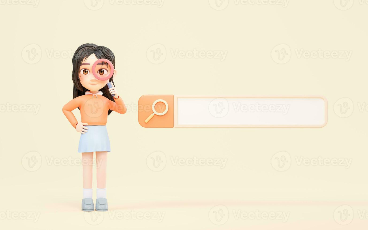 Little girl and search bar with cartoon style, 3d rendering. photo