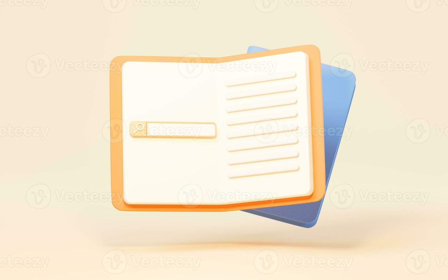 Cartoon style book with search sign, 3d rendering. photo