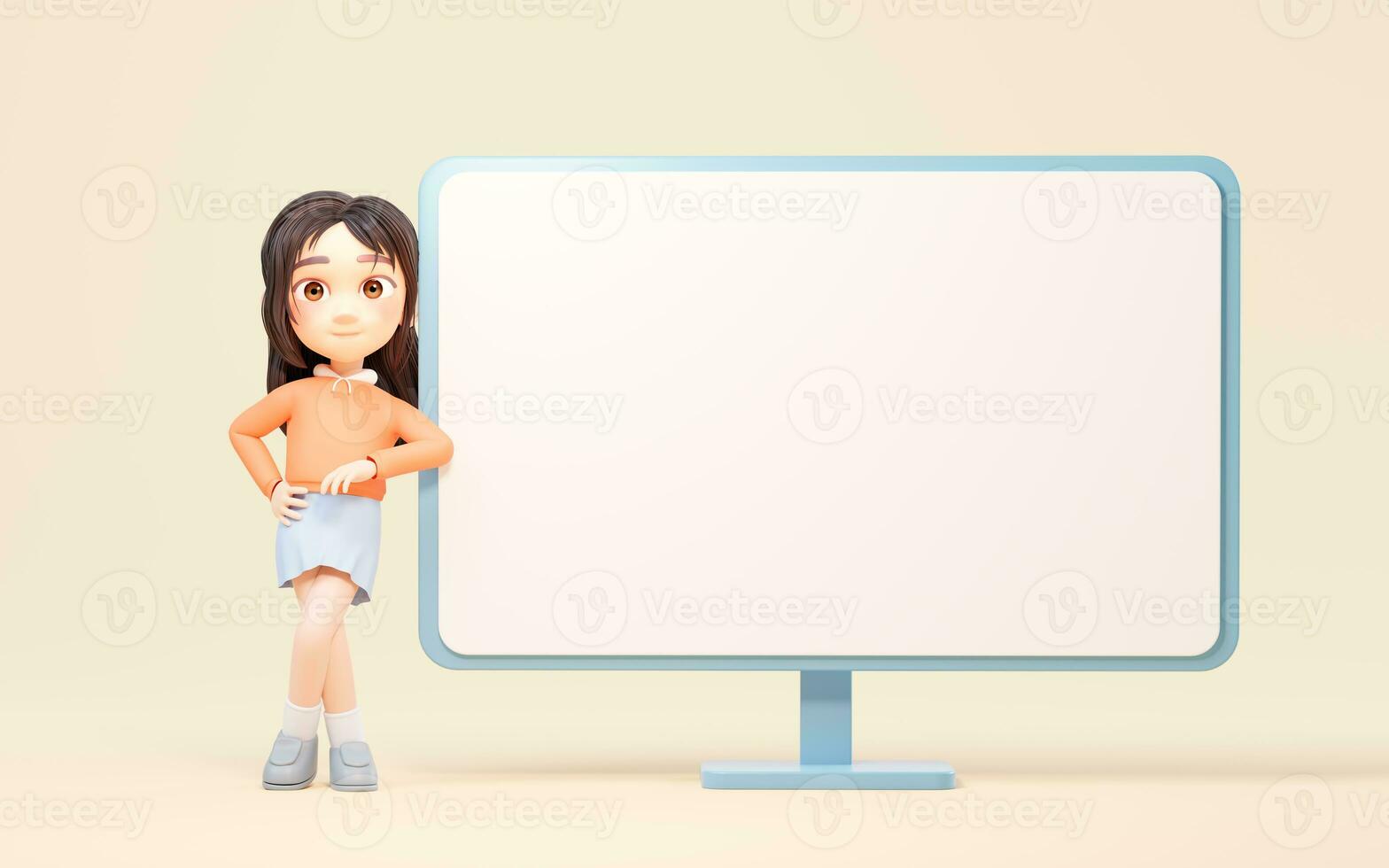 el dibujos animados niña y computadora monitor, 3d representación. foto