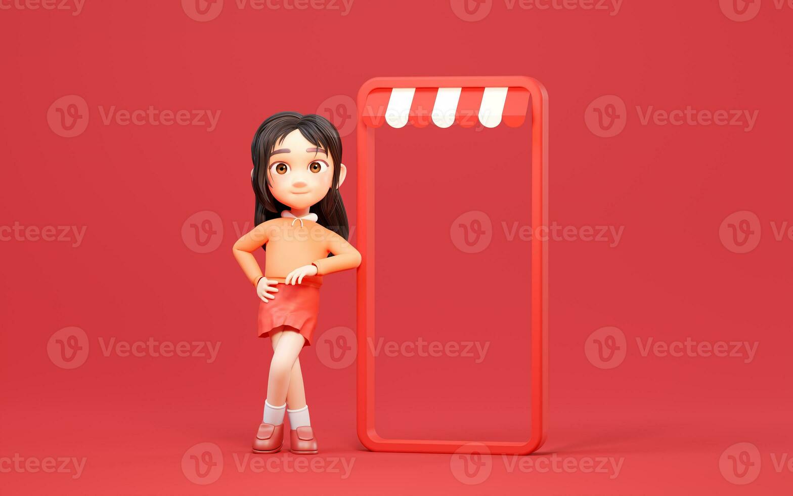 Little girl with shopping theme with cartoon style, 3d rendering. photo