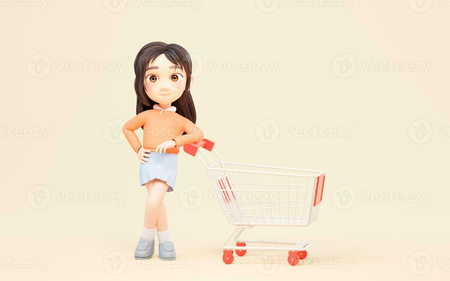 pequeño niña con compras tema con dibujos animados estilo, 3d representación. foto