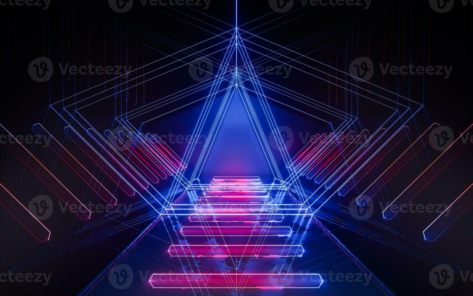 Dark tunnel with glowing neon lines, 3d rendering. photo