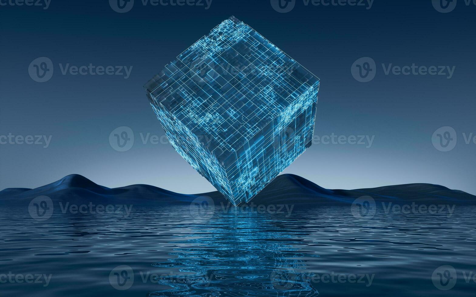 Digital cube and water surface background, 3d rendering. photo