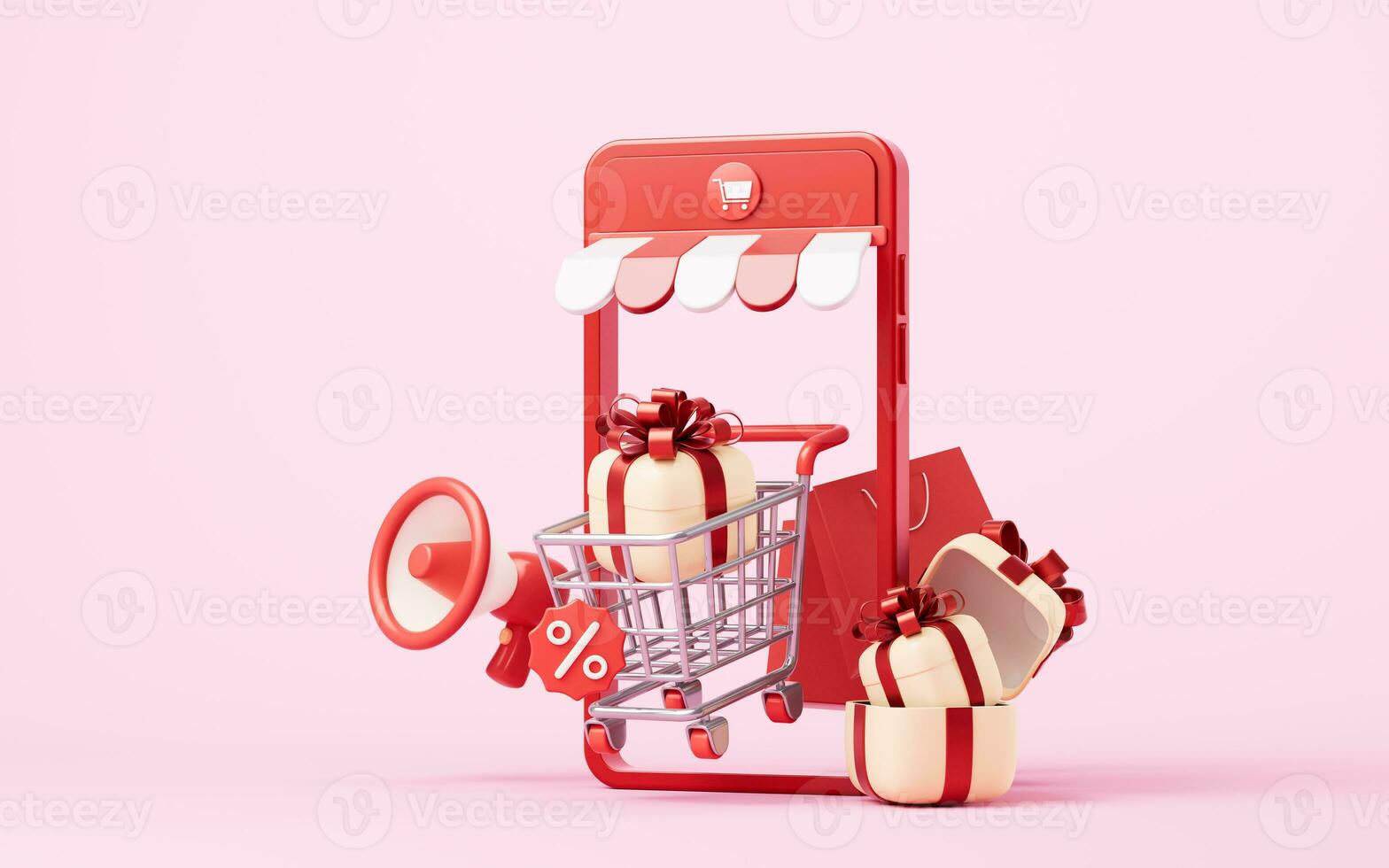 Online market store with cartoon style, 3d rendering. photo