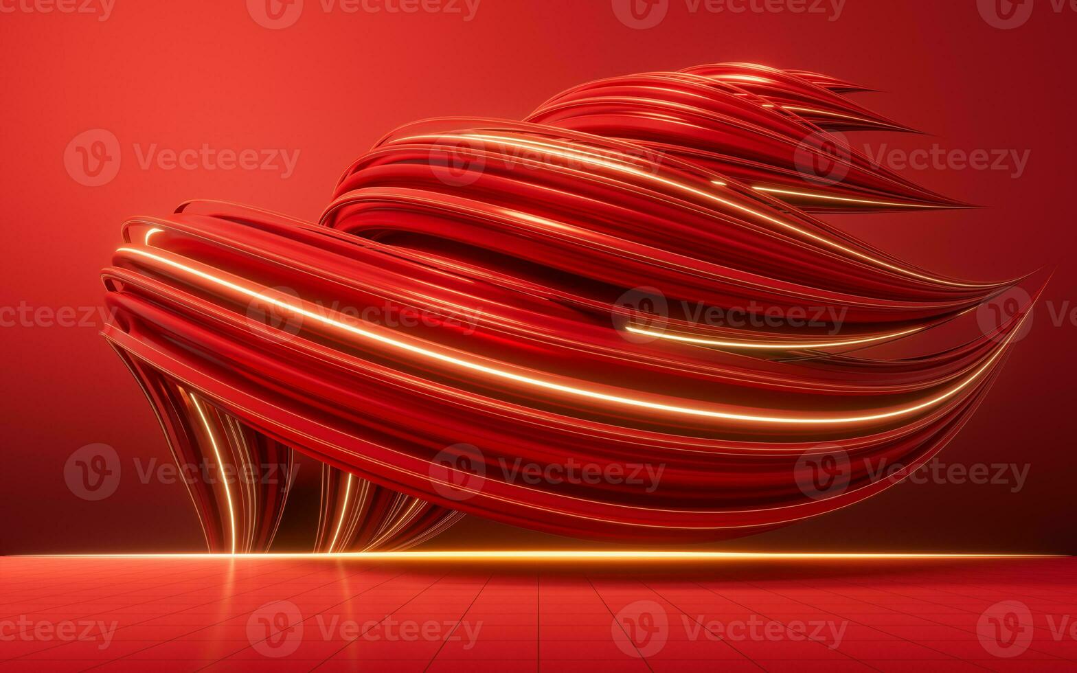 Flowing red geometry lines with ground, 3d rendering. photo