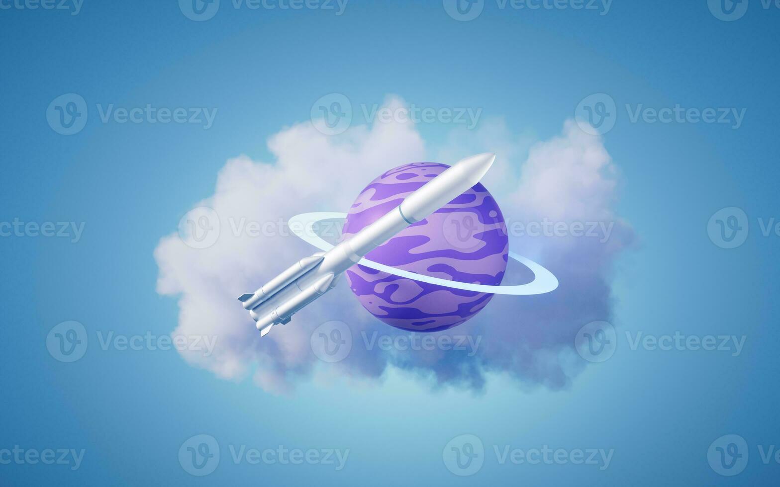 Cartoon style planet and rocket, 3d rendering. photo