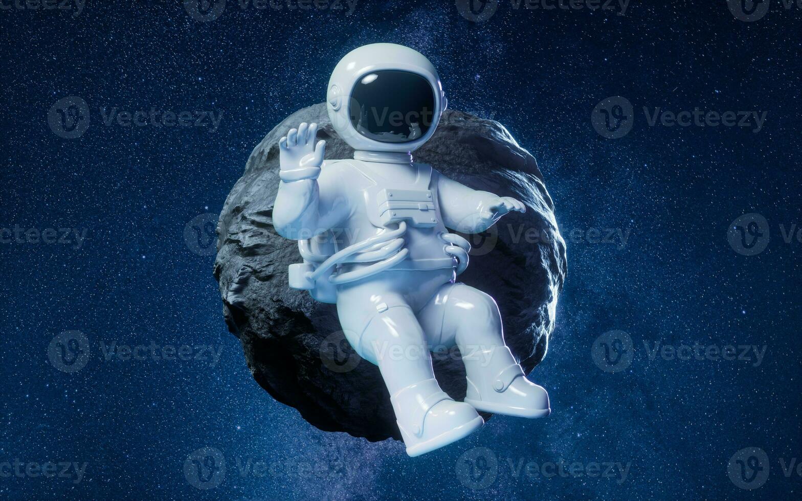 Cartoon spaceman with outer space background, 3d rendering. photo