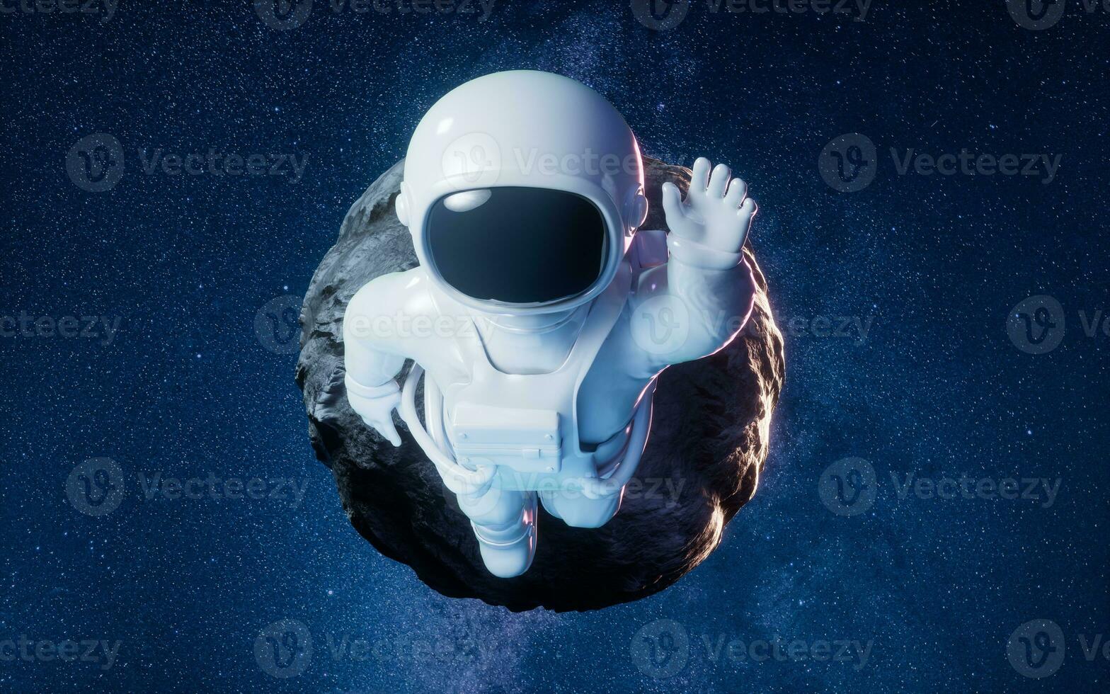 Cartoon spaceman with outer space background, 3d rendering. photo