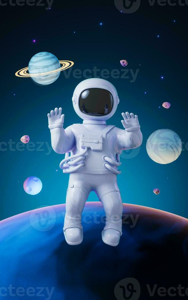 dibujos animados astronauta con exterior espacio fondo, 3d representación. foto