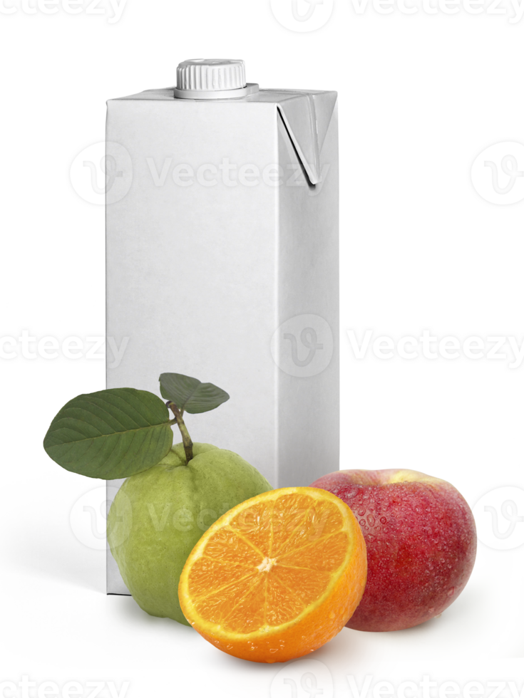 Orangen, Äpfel, Guave, und Box leeren Weiß Obst Saft, transparent Hintergrund png