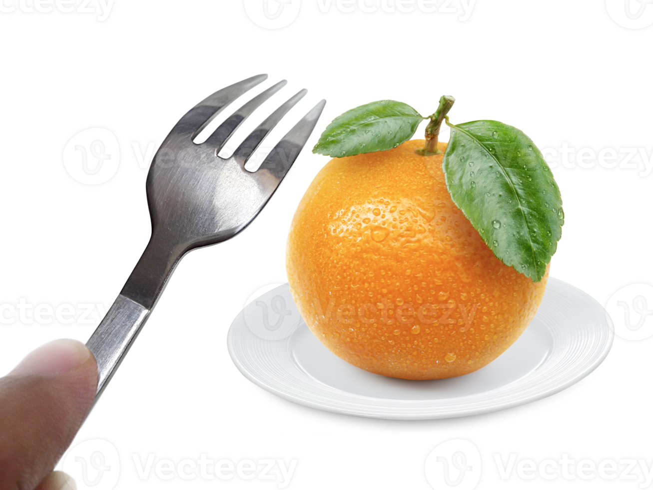 Orange fruit on dish and fork transparent background png