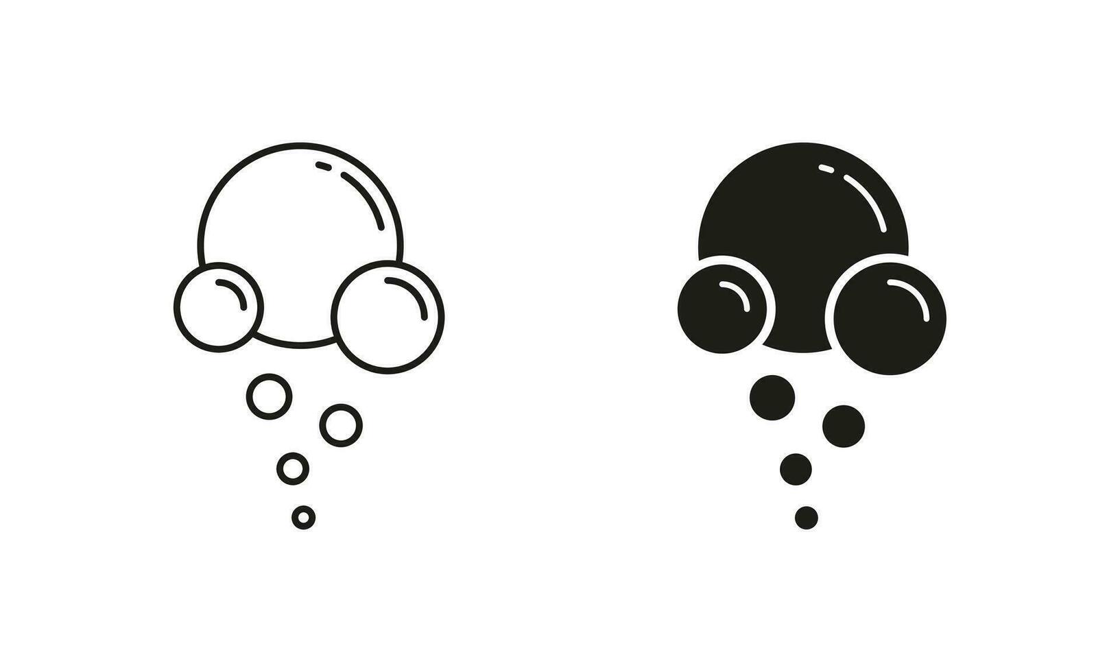Air Oxygen, Bubble Soap, Soda Pictogram. Champagne Sphere Drops, Clear Aqua Symbol Collection. Clean Water, Foam Line and Silhouette Black Icon Set. Underwater Ball. Isolated Vector Illustration.
