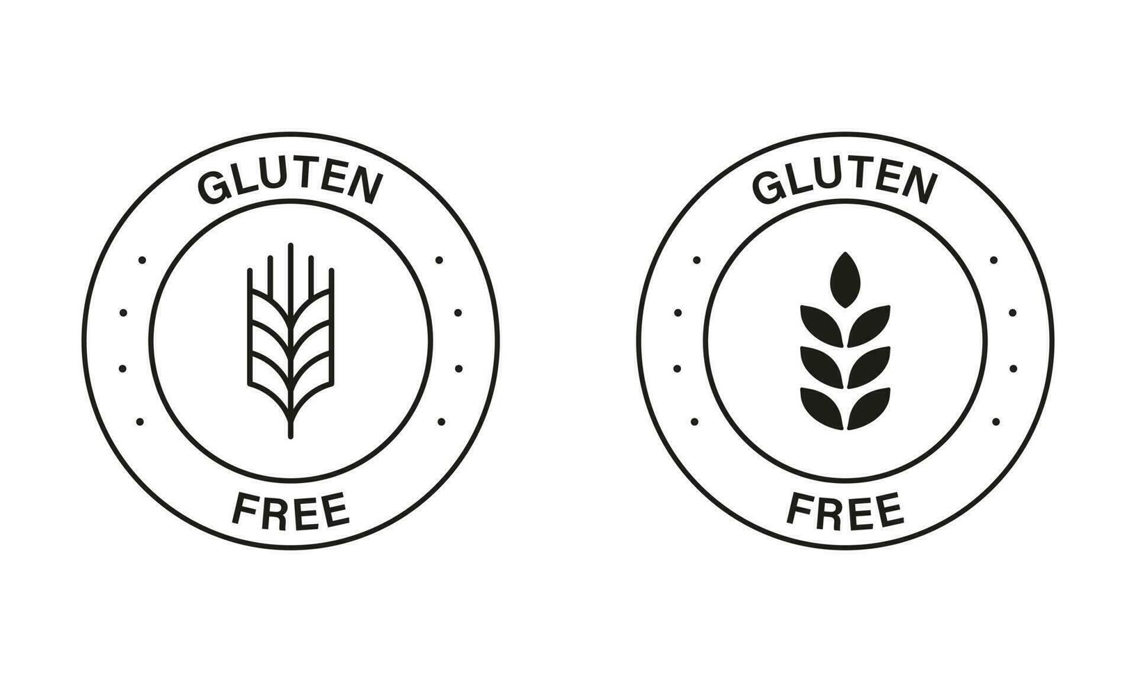 Gluten Free Black Stamp Set. Non Wheat Allergy Label for Restaurant Menu. Organic Food Free Grain Symbol. No Gluten Nutrition Sign. No Gluten Diet Logo. Isolated Vector Illustration.