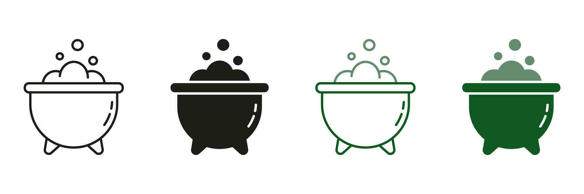 Cauldron with Bubbling Potion Line and Silhouette Icon Set, Halloween Decorations. Witches Cauldron Pictogram. Magicians Pot with Brew Black and Color Symbol Collection. Isolated Vector Illustration.