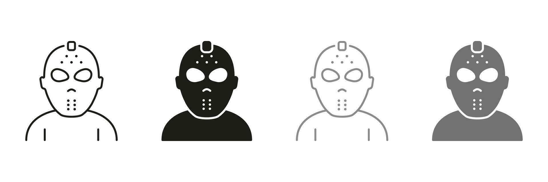 de miedo jason máscara para Víspera de Todos los Santos fiesta línea y silueta icono colocar. jason máscara símbolo de 13 viernes recopilación. oscuro hockey casco para portero la seguridad pictograma. aislado vector ilustración.