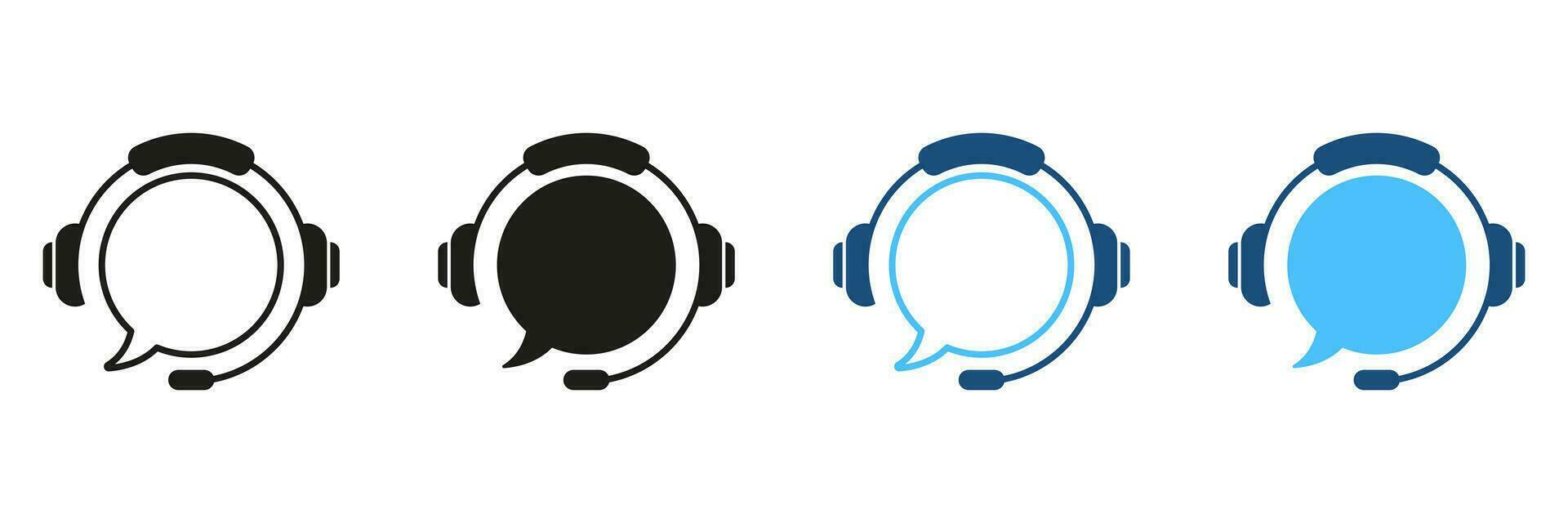 Customer Support Service Silhouette Icon Set. Help Call Center, Hotline Pictogram. Headset with Speech Bubble Black and Color Sign. Online Operator Symbol Collection. Isolated Vector Illustration.