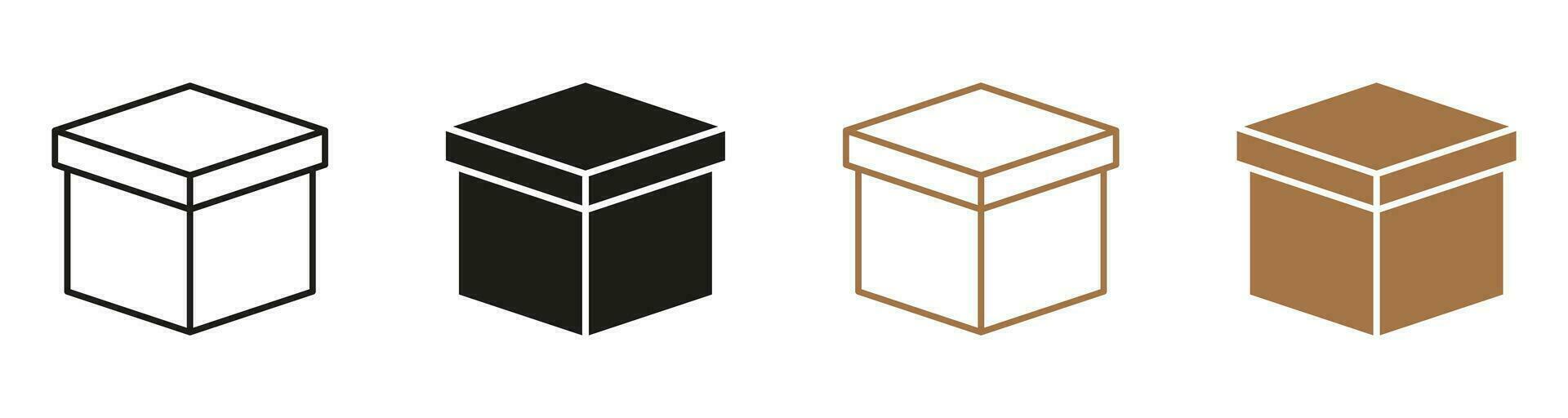 Box Line and Silhouette Icon Set. Gift Sign. Cargo Pack, Post Delivery Service. Closed Cardboard Package Black and Color Pictogram Collection. Carton Parcel Symbols. Isolated Vector Illustration.