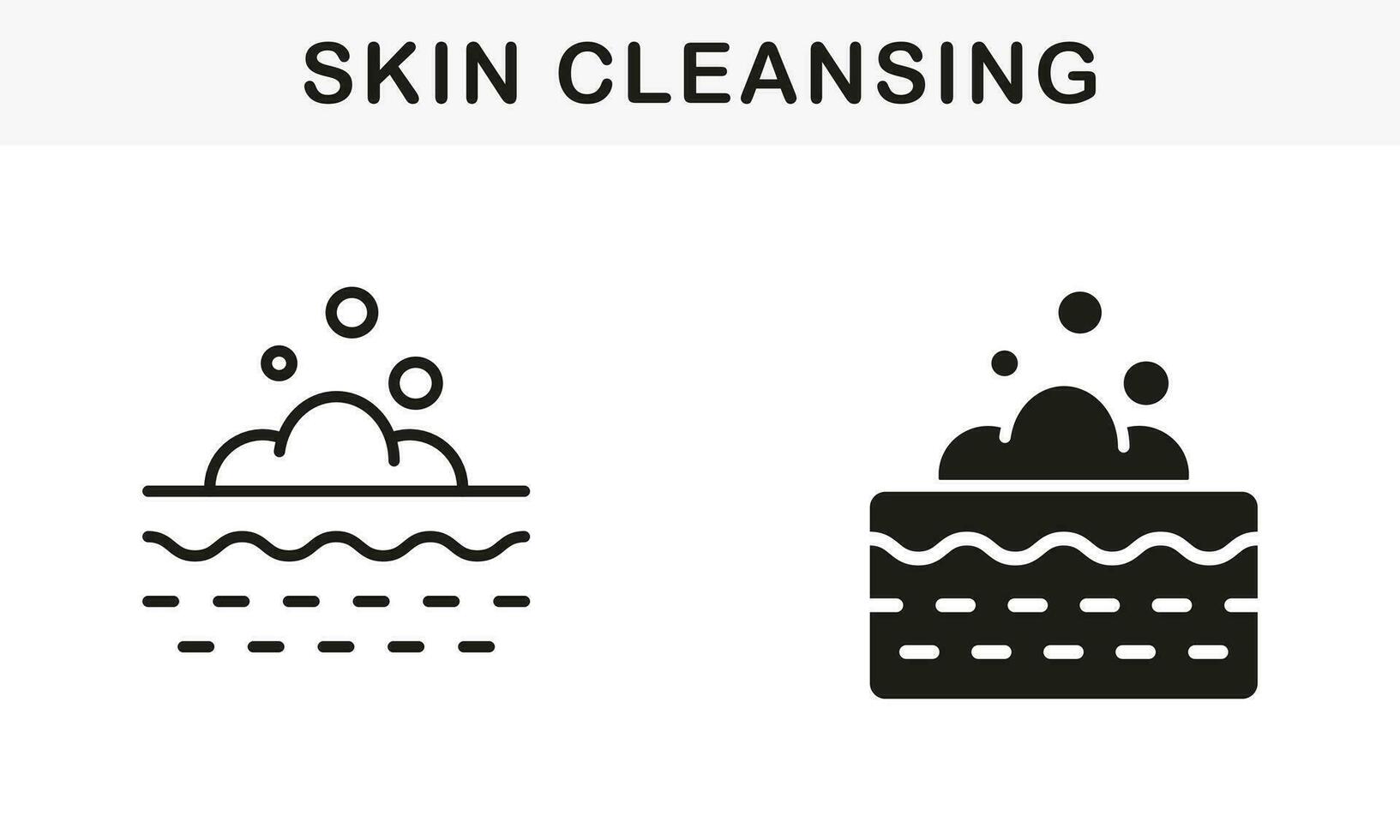 Skin Cosmetic Procedure Symbol Collection. Cream, Gel, Shampoo, Mousse on Face, Body Skin Pictogram. Foam Bubble on Skin for Deep Cleansing Line and Silhouette Icon Set. Isolated Vector Illustration.