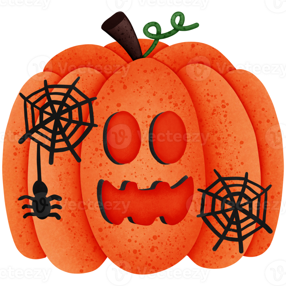 Halloween pumpkin with spider and spider web isolated on transparent background png